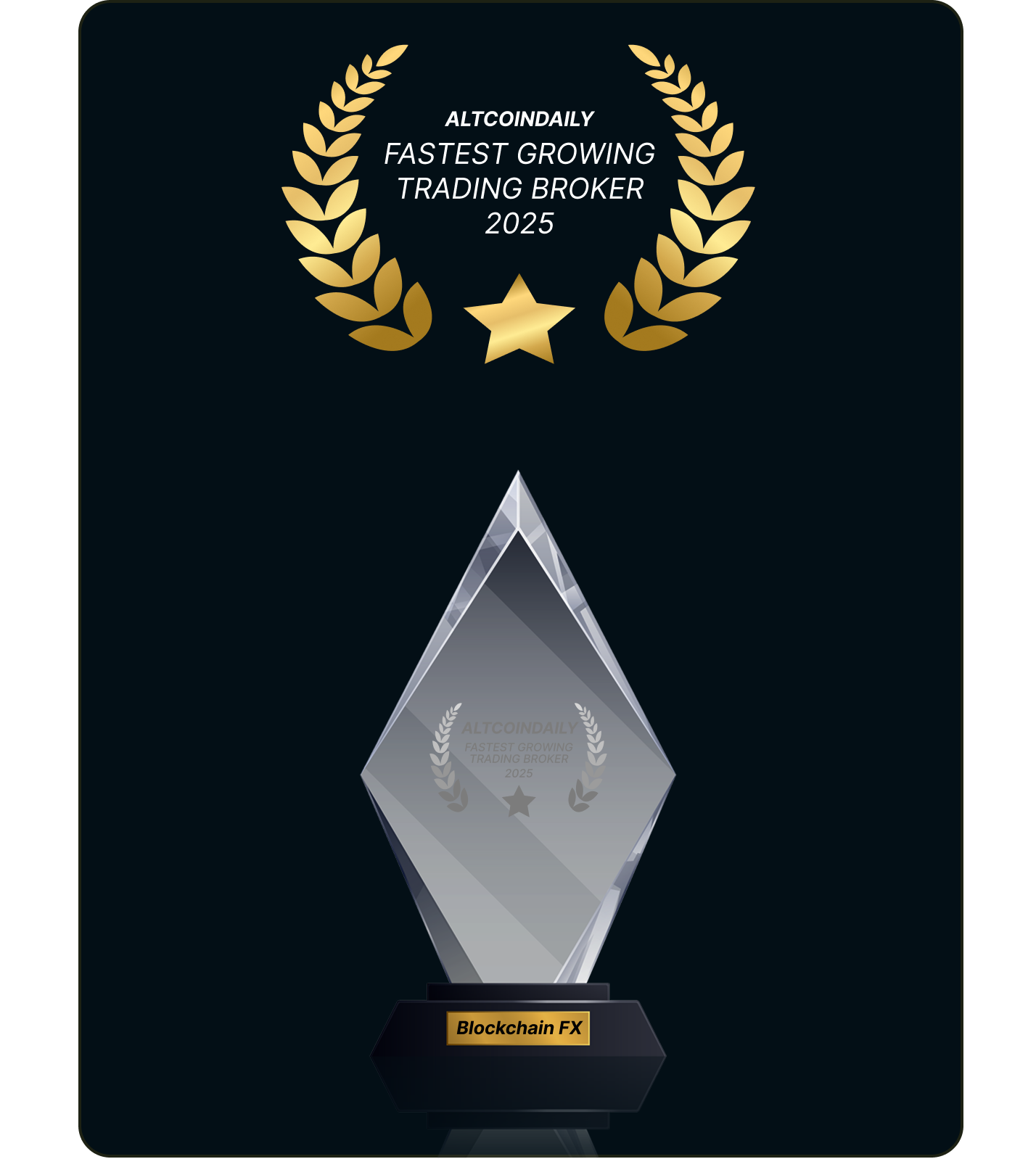 Blockchain FX receives ‘Fastest Growing Trading Broker 2025’ award from AltcoinDaily, with a diamond-shaped glass trophy.